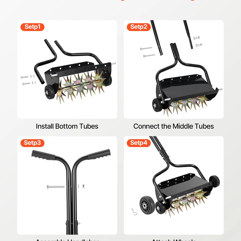 VEVOR zāliena aerators 45 cm manuāls stumjams ar 4 riteņiem un rokturi, ar iespēju pievienot līdz 18 kg svaru, izturīgs augsnes aerācijas instruments dārzam un zāliena kopšanai