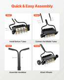 VEVOR zāliena aerators 45 cm manuāls stumjams ar 4 riteņiem un rokturi, ar iespēju pievienot līdz 18 kg svaru, izturīgs augsnes aerācijas instruments dārzam un zāliena kopšanai