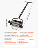 VEVOR zāliena aerators 45 cm manuāls stumjams ar 4 riteņiem un rokturi, ar iespēju pievienot līdz 18 kg svaru, izturīgs augsnes aerācijas instruments dārzam un zāliena kopšanai