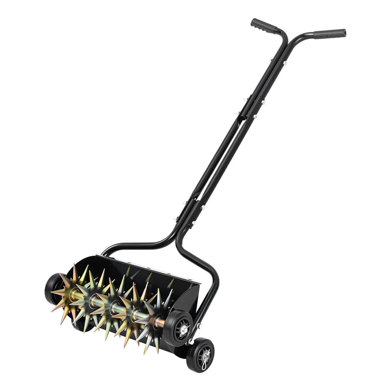 VEVOR zāliena aerators 45 cm manuāls stumjams ar 4 riteņiem un rokturi, ar iespēju pievienot līdz 18 kg svaru, izturīgs augsnes aerācijas instruments dārzam un zāliena kopšanai