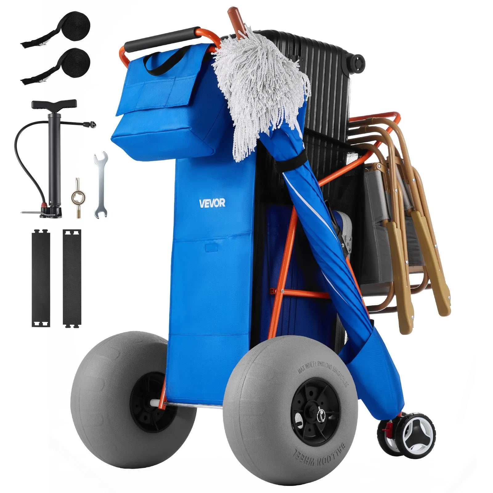 VEVOR beach cart with large sand wheels, 75 kg load capacity, foldable cart with 320 mm balloon-style wheels, insulated cooler and umbrella holder, holds up to 4 chairs, suitable for camping and fishing