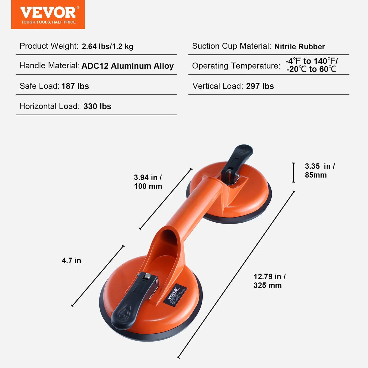 VEVOR stikla vakuuma piesūceknis, 11,9 cm, 2 gab. komplekts, 149,7 kg celtspēja, vakuuma piesūceknis ar alumīnija rokturi, pastiprināts industriāls pacelšanas instruments stikla, granīta, flīžu, metāla un koka paneļu pārvietošanai