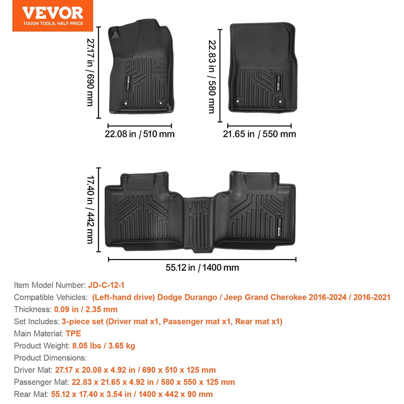 VEVOR automašīnas grīdas paklāji Dodge Durango / Jeep Grand Cherokee (2016–2024), 3 gab.