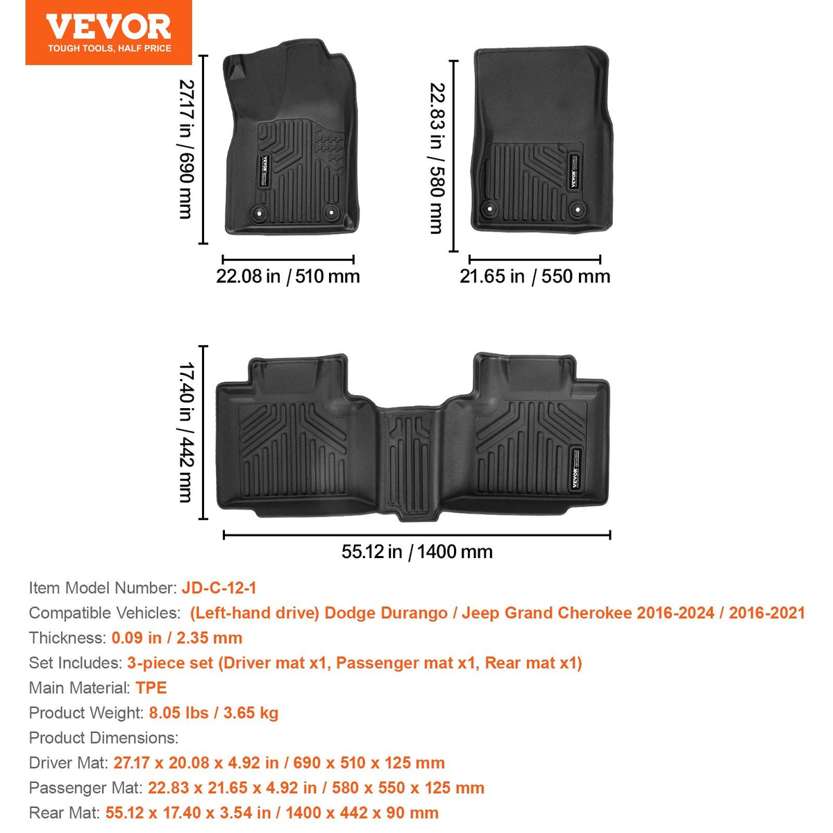 VEVOR automašīnas grīdas paklāji Dodge Durango / Jeep Grand Cherokee (2016–2024), 3 gab.