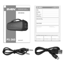 2.0 pārnēsājamais skaļrunis SVEN PS-360, melns, izejas jauda 2 × 12 W (RMS), ūdensizturīgs (IPX5), TWS, Bluetooth, FM, USB, litija akumulators