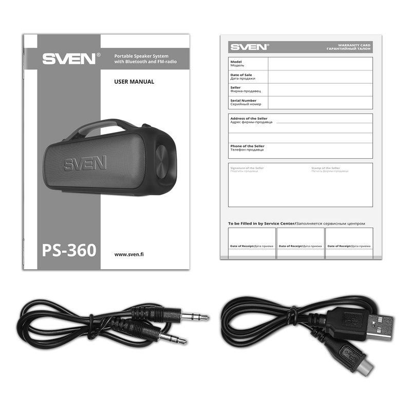 2.0 pārnēsājamais skaļrunis SVEN PS-360, melns, izejas jauda 2 × 12 W (RMS), ūdensizturīgs (IPX5), TWS, Bluetooth, FM, USB, litija akumulators