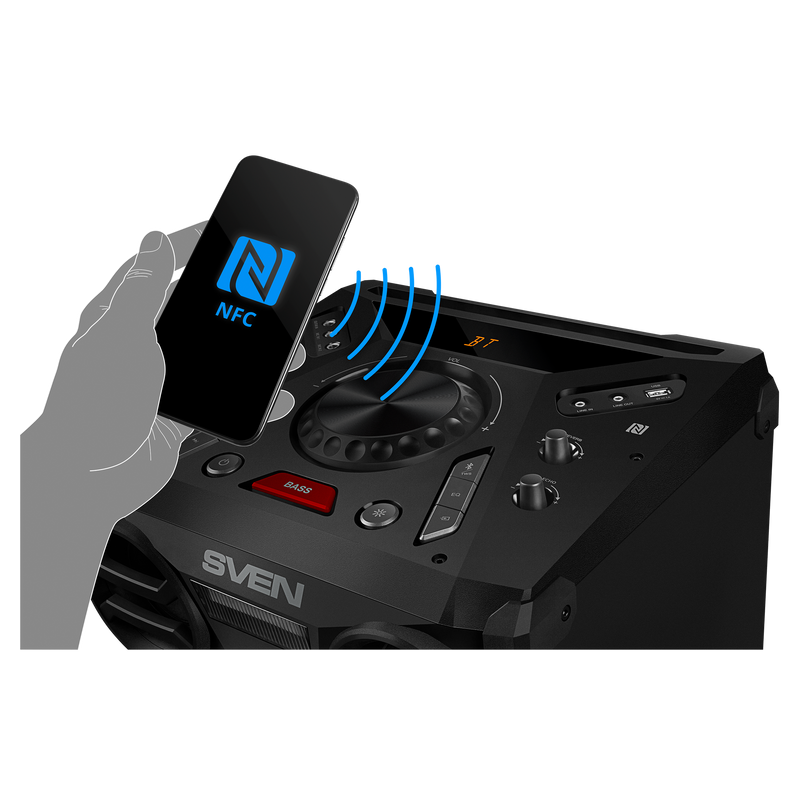 2.0 portatīvā skaļruņu sistēma SVEN PS-1900, melna, 2×500 W (RMS), TWS, Bluetooth, FM, USB, LED displejs, maiņstrāvas barošana