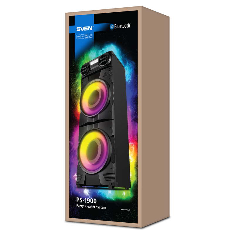 2.0 portatīvā skaļruņu sistēma SVEN PS-1900, melna, 2×500 W (RMS), TWS, Bluetooth, FM, USB, LED displejs, maiņstrāvas barošana