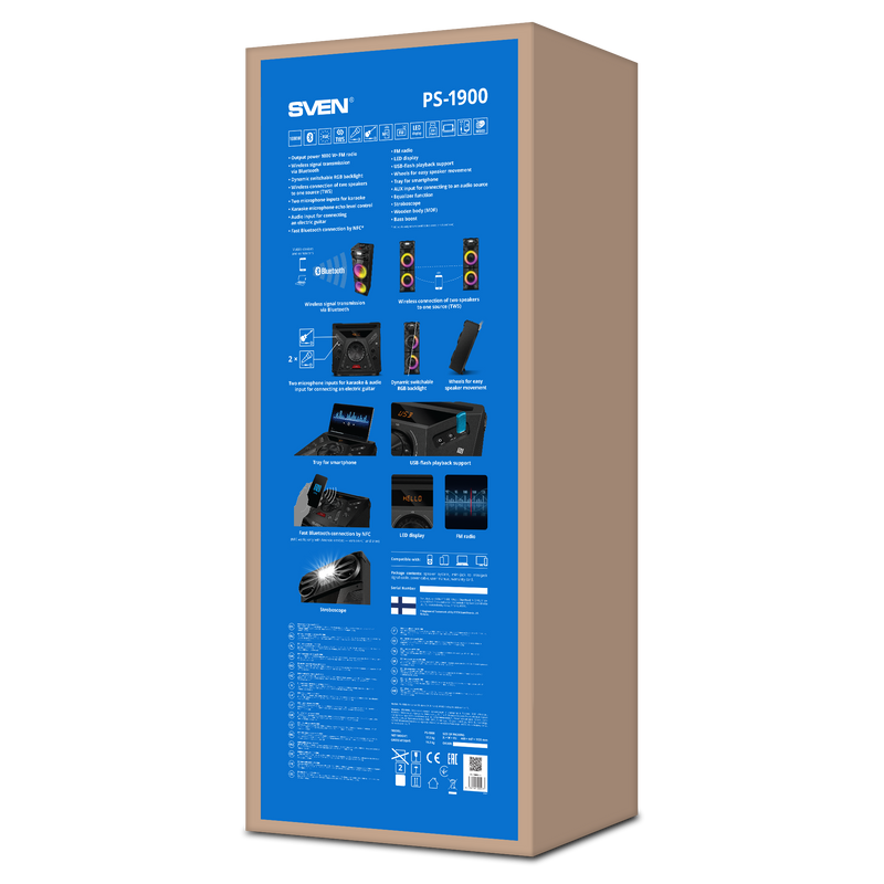 2.0 portatīvā skaļruņu sistēma SVEN PS-1900, melna, 2×500 W (RMS), TWS, Bluetooth, FM, USB, LED displejs, maiņstrāvas barošana