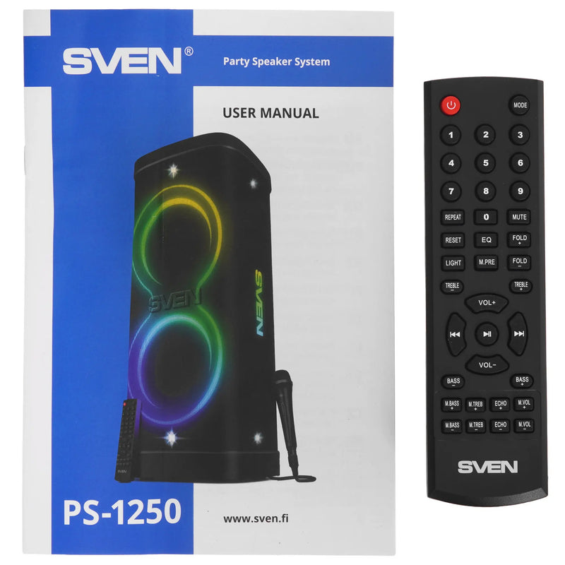 SVEN PS-1250 Party Box Bluetooth skaļrunis 300 W ar TWS, FM, USB, microSD un IPX4 melns