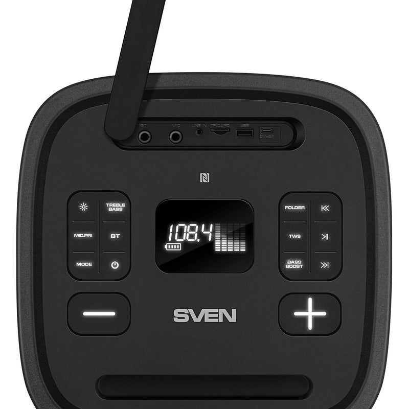 SVEN PS-1250 Party Box Bluetooth skaļrunis 300 W ar TWS, FM, USB, microSD un IPX4 melns