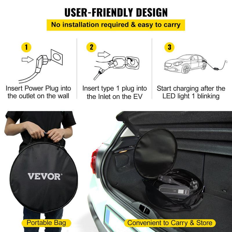 VEVOR portable EV charger, type 2, 13A, 10 m charging cable with EU 2-pin plug, digital display, 3kW, waterproof, (IEC 62196-2) with carrying case, CE