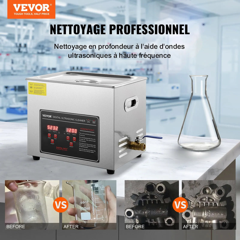 VEVOR 10 l ultraskaņas tīrītājs ar digitālo taimeri un sildītāju, profesionāls ultraskaņas rotaslietu tīrītājs, nerūsējošā tērauda sildāma tīrīšanas iekārta brillēm, pulksteņiem, gredzeniem, sīkām detaļām un iespiedshēm