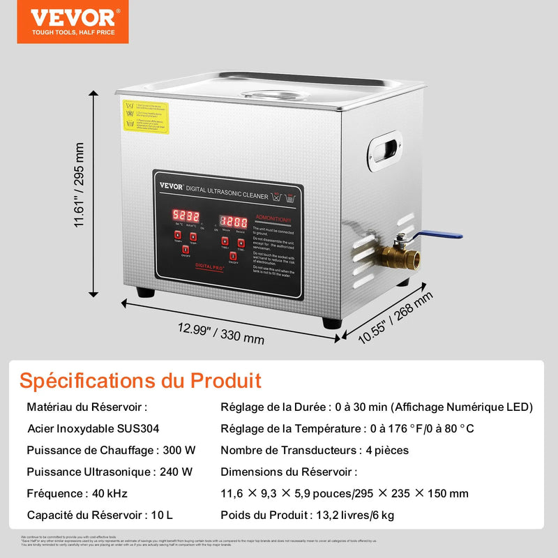 VEVOR 10 l ultraskaņas tīrītājs ar digitālo taimeri un sildītāju, profesionāls ultraskaņas rotaslietu tīrītājs, nerūsējošā tērauda sildāma tīrīšanas iekārta brillēm, pulksteņiem, gredzeniem, sīkām detaļām un iespiedshēm
