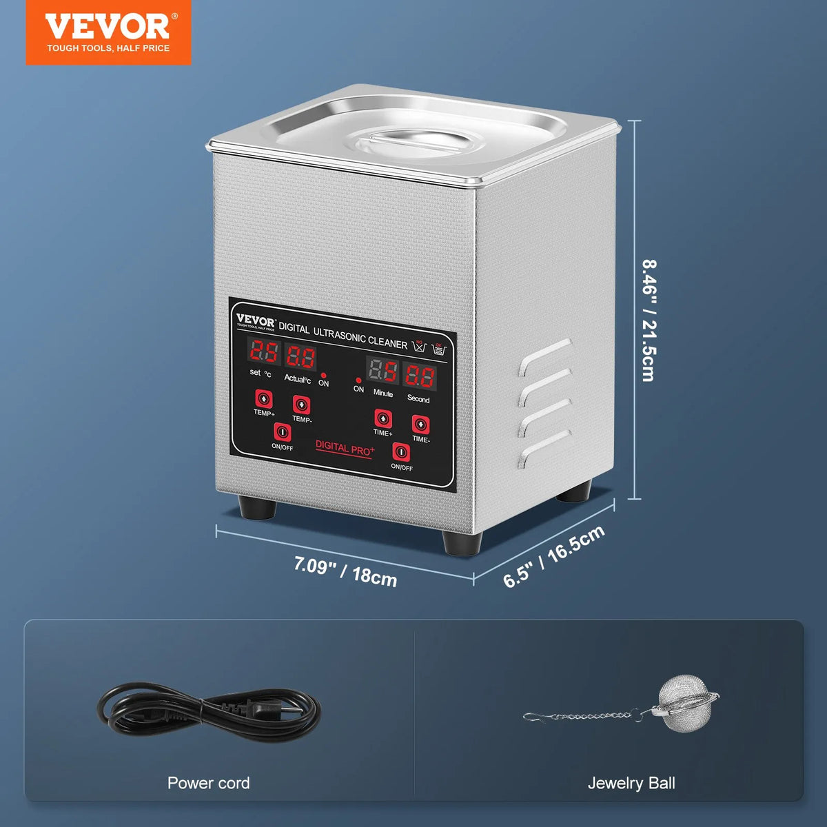 VEVOR ultraskaņas tīrītājs 1,3 l ar sildītāju un taimeri, profesionāls digitāls 40 kHz kavitācijas tīrītājs ar grozu, 50 W, pulksteņiem, brillēm, rotaslietām, zobu kapēm, rūpnieciskām detaļām un instrumentiem