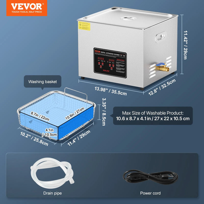 VEVOR 15 l ultraskaņas tīrītājs, profesionāla 360 W tīrīšanas iekārta ar taimeri un sildītāju, 40 kHz digitālais ultraskaņas tīrītājs ar grozu, pulksteņiem, brillēm, rotaslietām, zobu kapēm, rūpnieciskām detaļām un instrumentiem