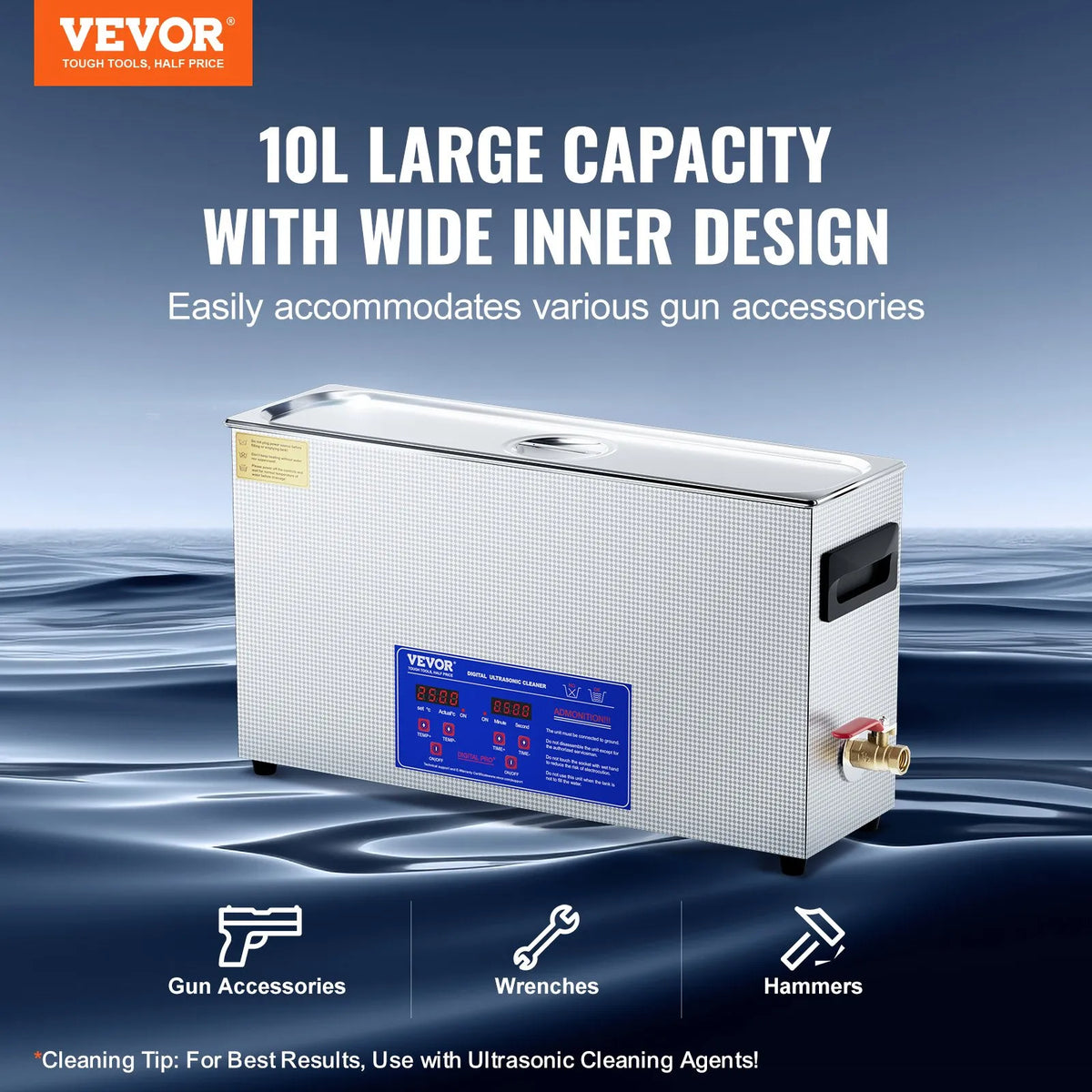 VEVOR 10 l ultraskaņas ierocis tīrītājs, 300 W profesionāla ultraskaņas tīrīšanas iekārta ar taimeri un sildītāju, 40 kHz digitālais ultraskaņas tīrītājs ar grozu ierocim, patronām un militārajiem piederumiem