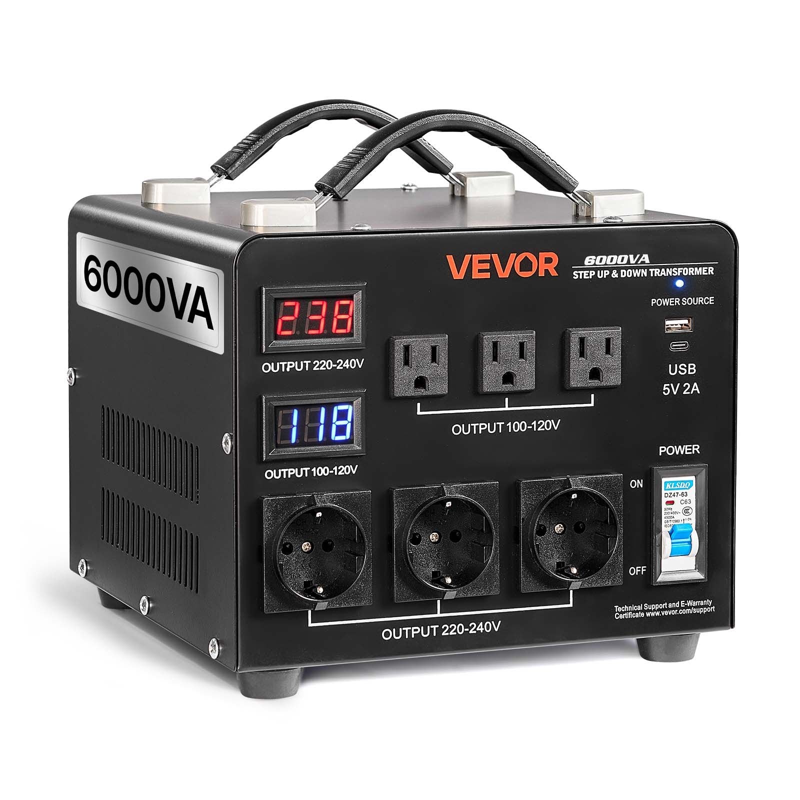VEVOR sprieguma automātiskais pārveidotājs transformators 6000 VA, 110 V–220 V / 220 V–110 V, ar 3 US un 3 EU ligzdām, LCD displeju un ķēdes aizsardzību