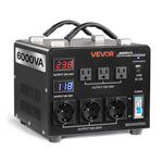VEVOR sprieguma automātiskais pārveidotājs transformators 6000 VA, 110 V–220 V / 220 V–110 V, ar 3 US un 3 EU ligzdām, LCD displeju un ķēdes aizsardzību
