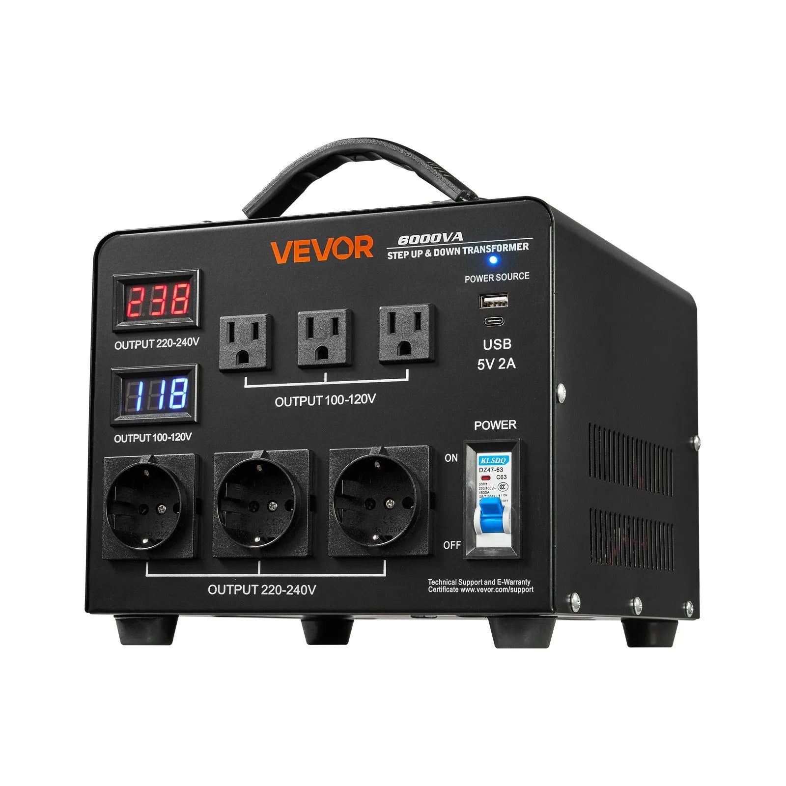 VEVOR sprieguma automātiskais pārveidotājs transformators 6000 VA, 110 V–220 V / 220 V–110 V, ar 3 US un 3 EU ligzdām, LCD displeju un ķēdes aizsardzību