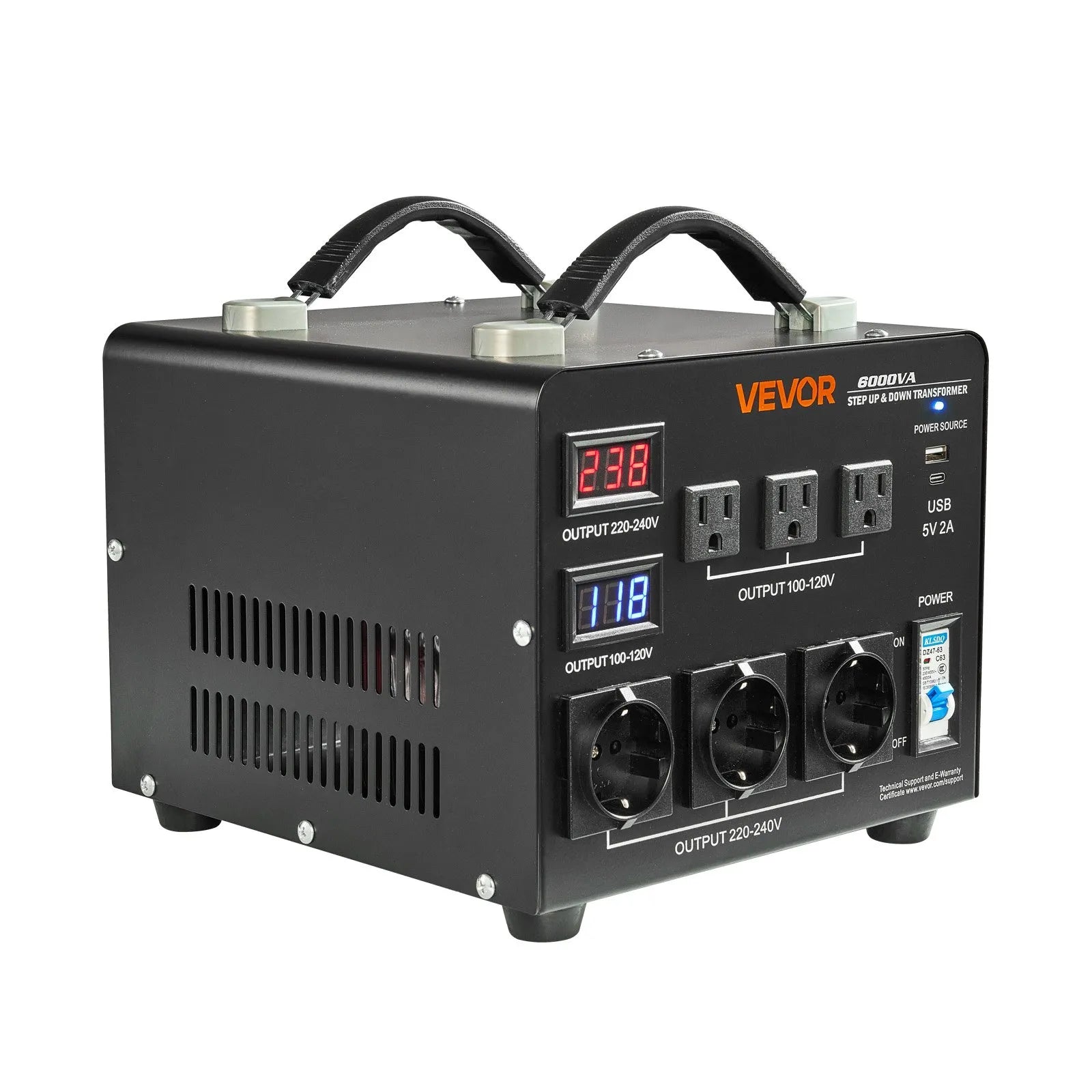 VEVOR sprieguma automātiskais pārveidotājs transformators 6000 VA, 110 V–220 V / 220 V–110 V, ar 3 US un 3 EU ligzdām, LCD displeju un ķēdes aizsardzību