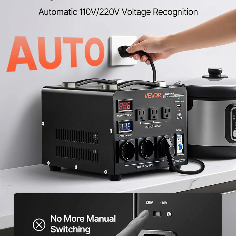 VEVOR sprieguma automātiskais pārveidotājs transformators 6000 VA, 110 V–220 V / 220 V–110 V, ar 3 US un 3 EU ligzdām, LCD displeju un ķēdes aizsardzību