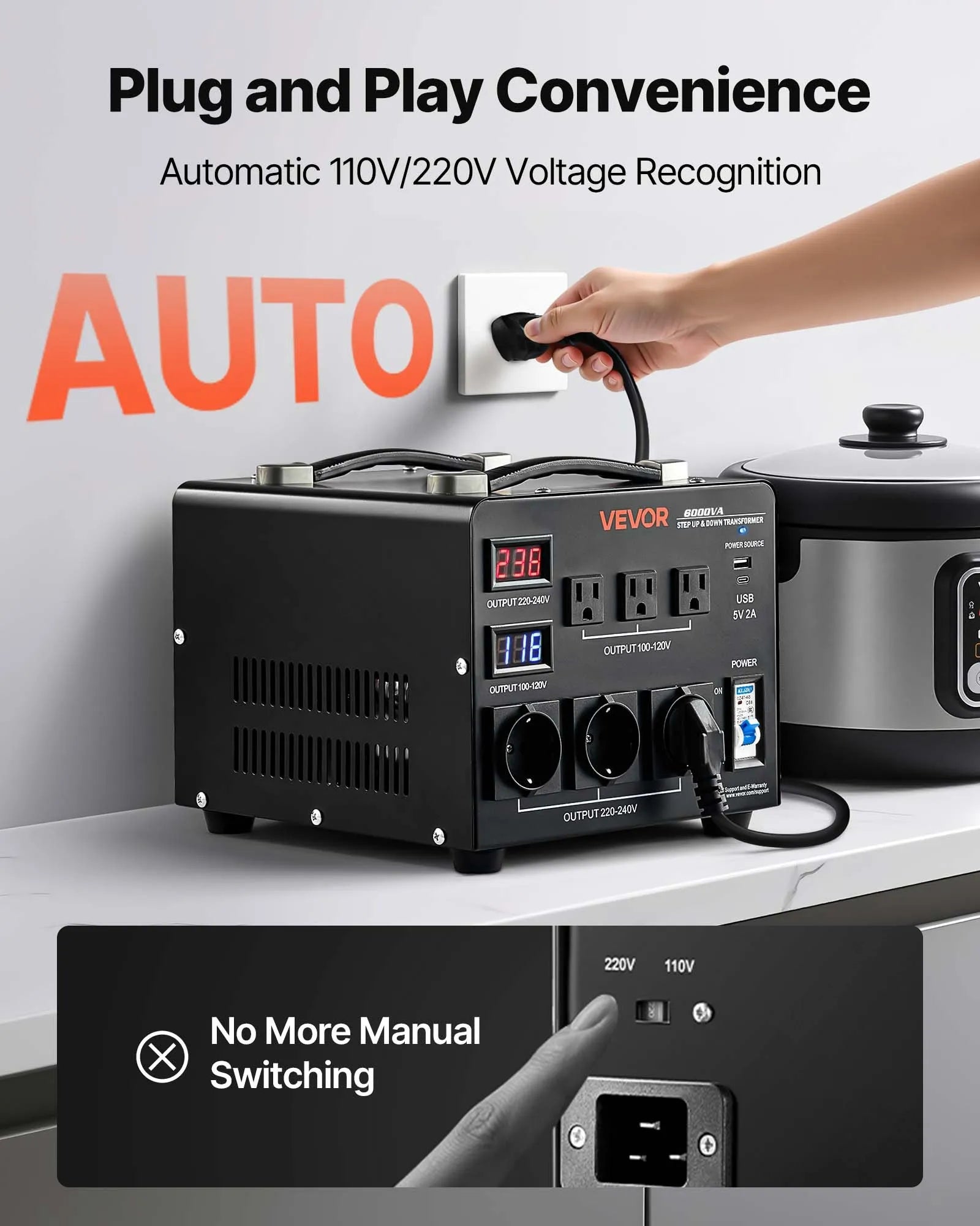 VEVOR sprieguma automātiskais pārveidotājs transformators 6000 VA, 110 V–220 V / 220 V–110 V, ar 3 US un 3 EU ligzdām, LCD displeju un ķēdes aizsardzību