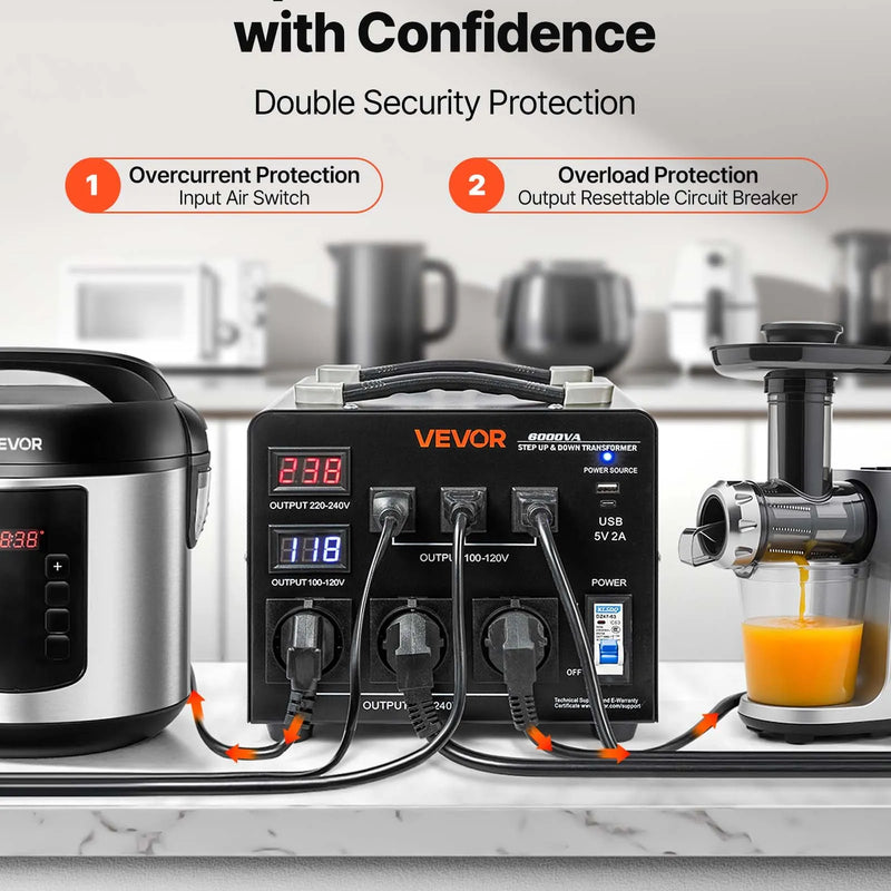 VEVOR sprieguma automātiskais pārveidotājs transformators 6000 VA, 110 V–220 V / 220 V–110 V, ar 3 US un 3 EU ligzdām, LCD displeju un ķēdes aizsardzību
