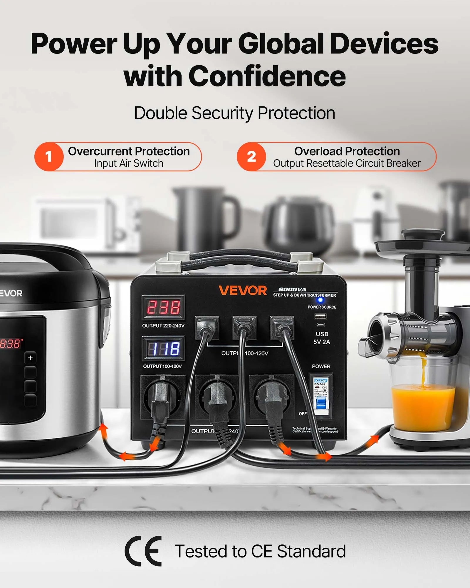 VEVOR sprieguma automātiskais pārveidotājs transformators 6000 VA, 110 V–220 V / 220 V–110 V, ar 3 US un 3 EU ligzdām, LCD displeju un ķēdes aizsardzību
