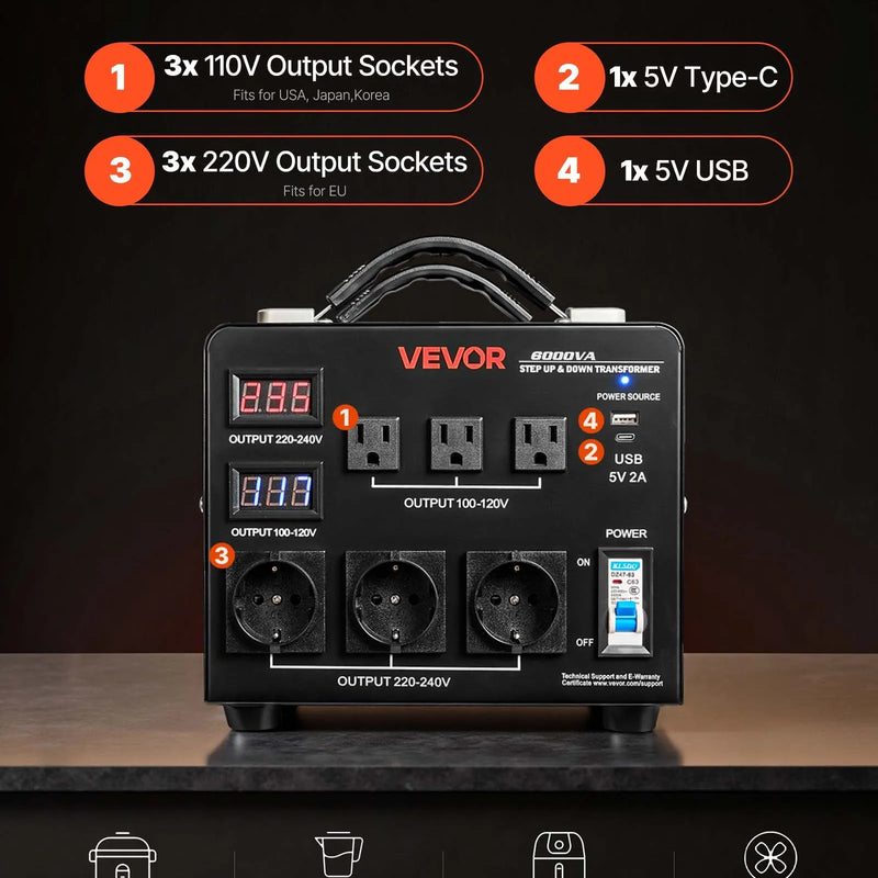 VEVOR sprieguma automātiskais pārveidotājs transformators 6000 VA, 110 V–220 V / 220 V–110 V, ar 3 US un 3 EU ligzdām, LCD displeju un ķēdes aizsardzību