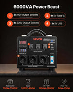 VEVOR sprieguma automātiskais pārveidotājs transformators 6000 VA, 110 V–220 V / 220 V–110 V, ar 3 US un 3 EU ligzdām, LCD displeju un ķēdes aizsardzību