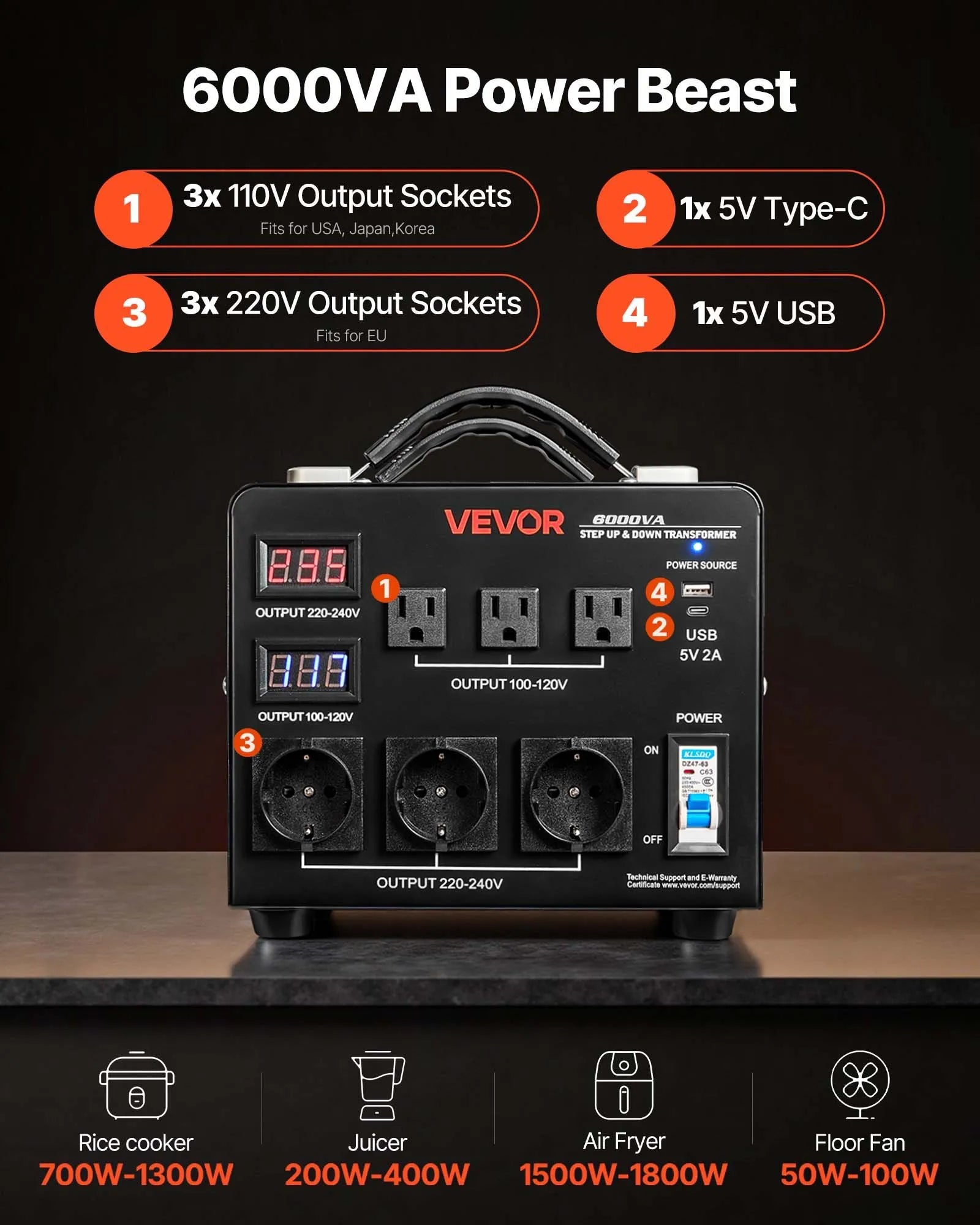 VEVOR sprieguma automātiskais pārveidotājs transformators 6000 VA, 110 V–220 V / 220 V–110 V, ar 3 US un 3 EU ligzdām, LCD displeju un ķēdes aizsardzību