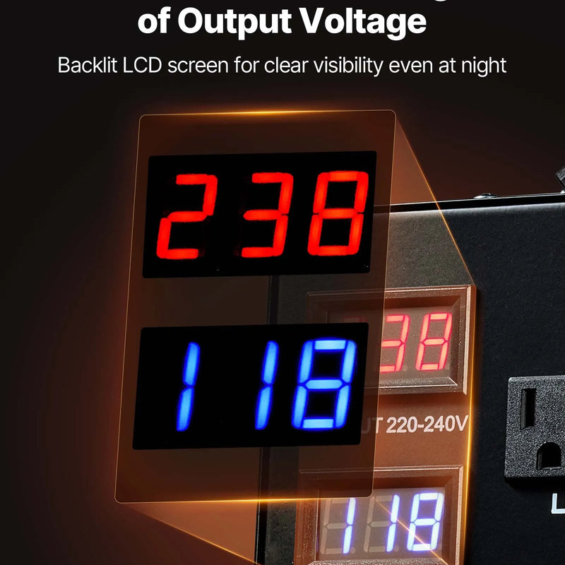 VEVOR sprieguma automātiskais pārveidotājs transformators 6000 VA, 110 V–220 V / 220 V–110 V, ar 3 US un 3 EU ligzdām, LCD displeju un ķēdes aizsardzību