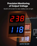 VEVOR sprieguma automātiskais pārveidotājs transformators 6000 VA, 110 V–220 V / 220 V–110 V, ar 3 US un 3 EU ligzdām, LCD displeju un ķēdes aizsardzību