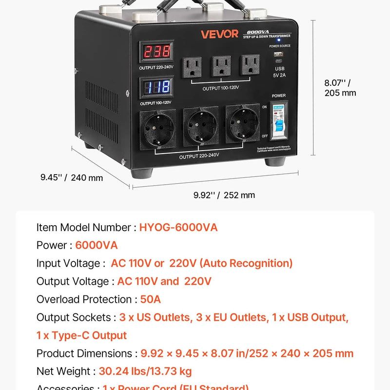 VEVOR sprieguma automātiskais pārveidotājs transformators 6000 VA, 110 V–220 V / 220 V–110 V, ar 3 US un 3 EU ligzdām, LCD displeju un ķēdes aizsardzību
