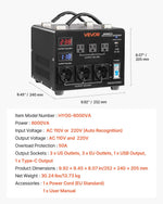 VEVOR sprieguma automātiskais pārveidotājs transformators 6000 VA, 110 V–220 V / 220 V–110 V, ar 3 US un 3 EU ligzdām, LCD displeju un ķēdes aizsardzību