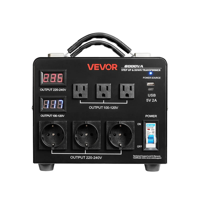 VEVOR sprieguma automātiskais pārveidotājs transformators 6000 VA, 110 V–220 V / 220 V–110 V, ar 3 US un 3 EU ligzdām, LCD displeju un ķēdes aizsardzību