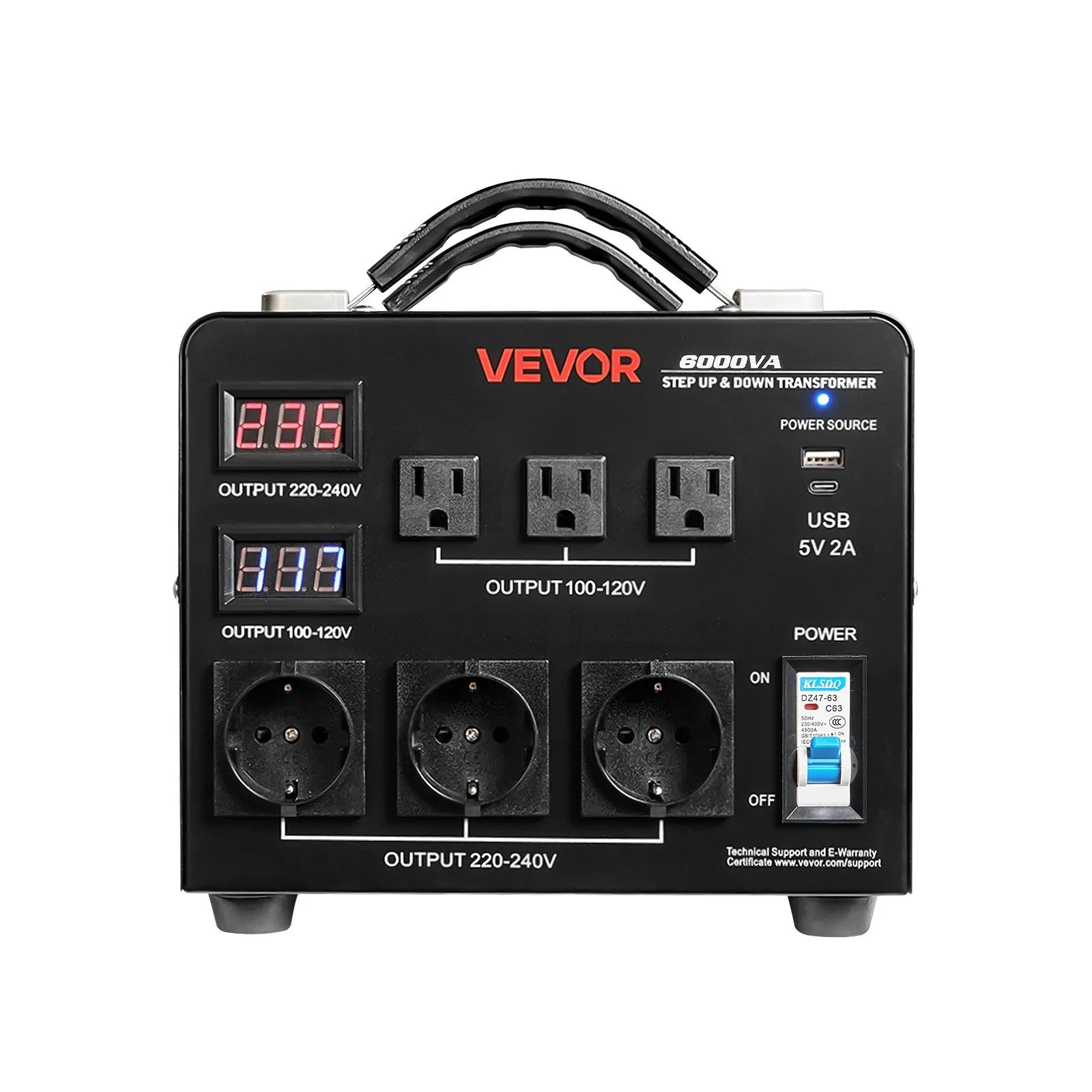VEVOR sprieguma automātiskais pārveidotājs transformators 6000 VA, 110 V–220 V / 220 V–110 V, ar 3 US un 3 EU ligzdām, LCD displeju un ķēdes aizsardzību
