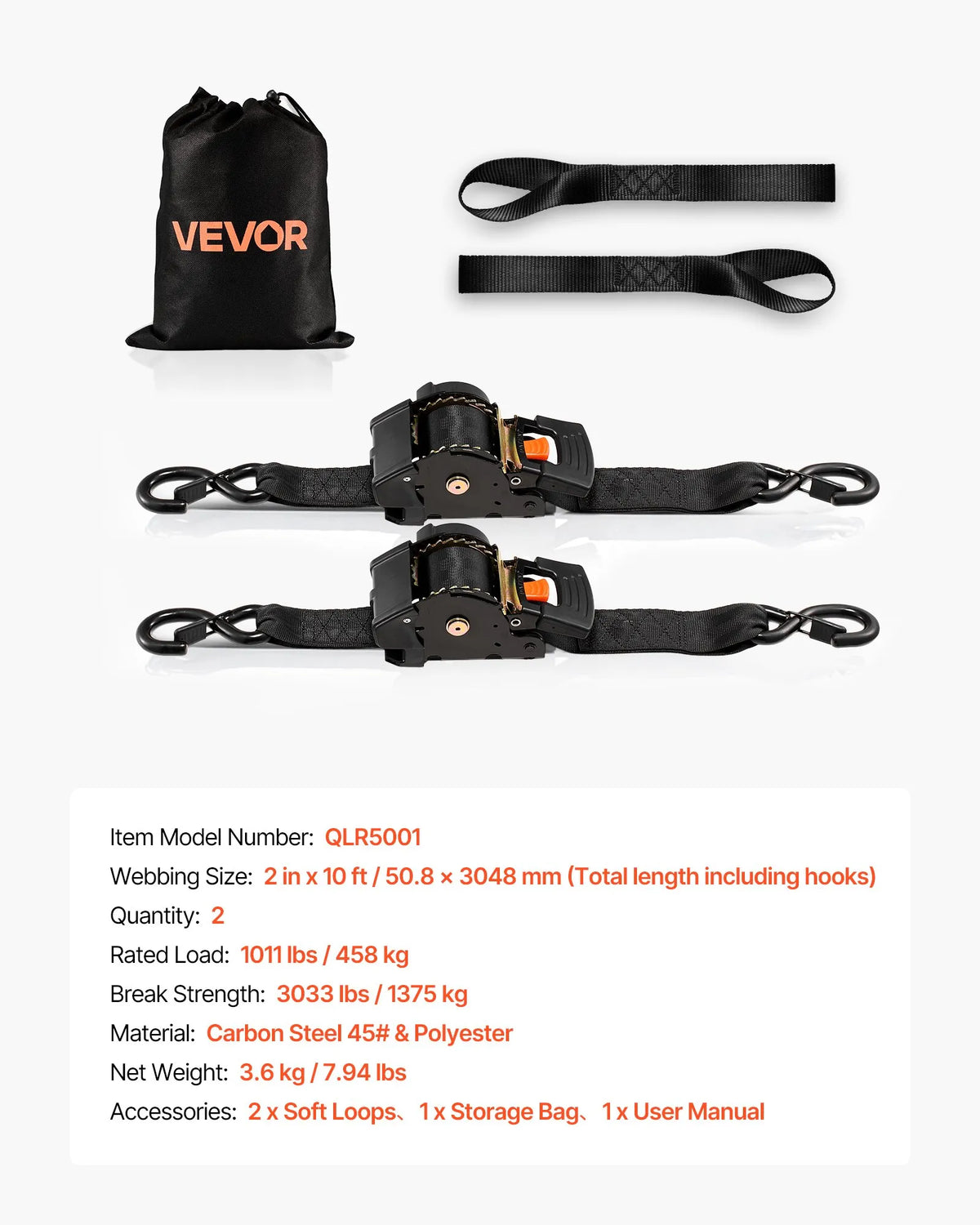 VEVOR ievelkamas sprūdrata stiprinājuma siksnas, 50,8 mm × 3 m, ar S veida āķiem, pārrāvuma izturība 1375 kg, 2 mīkstās cilpas, kravas nostiprināšanai pārvadāšanā, piekabēs, motocikliem, kajakiem un uz auto jumta, 2 gab. komplekts