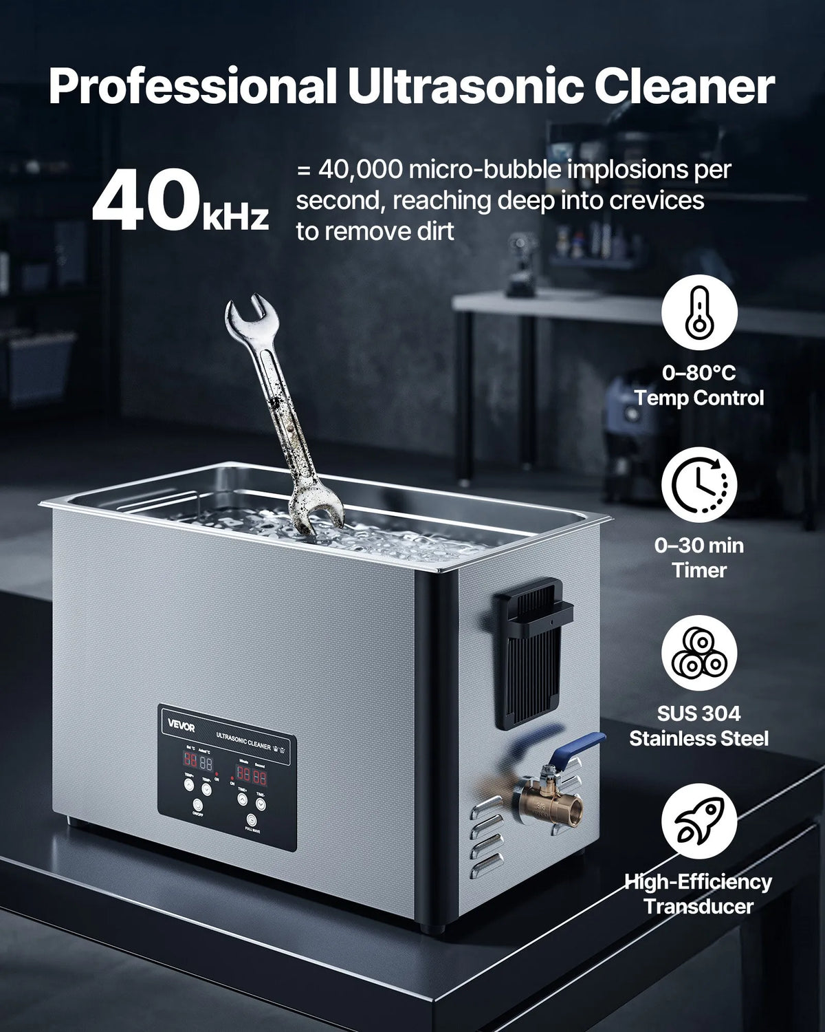 VEVOR 30 l ultraskaņas tīrītājs, profesionāla ultraskaņas tīrīšanas iekārta ar tīrīšanas grozu un digitālo displeju, 480 W nerūsējošā tērauda 40 kHz industriāls tīrītājs detaļu, karburatoru un instrumentu tīrīšanai