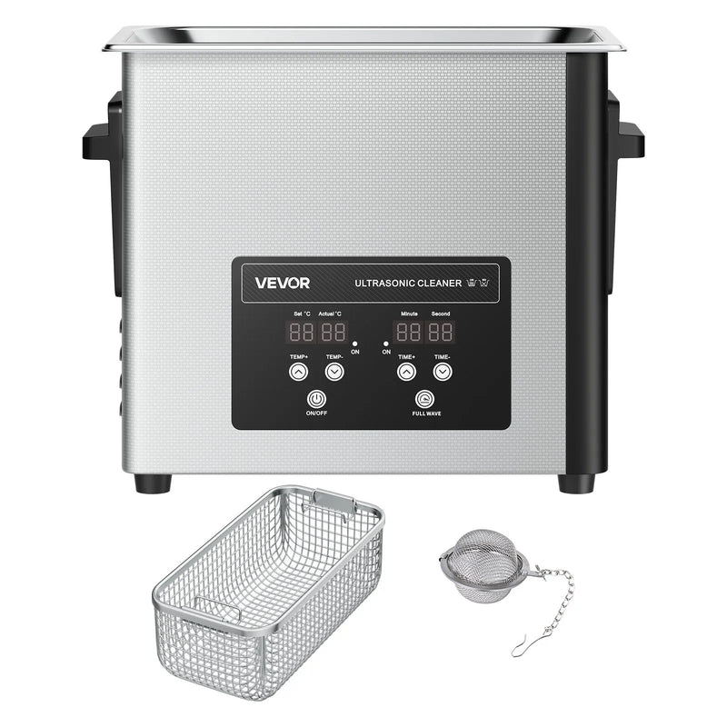 VEVOR 6 l ultraskaņas tīrītājs, profesionāla ultraskaņas tīrīšanas iekārta ar tīrīšanas grozu un digitālo displeju, 120 W nerūsējošā tērauda 40 kHz tīrīšanas iekārta pulksteņu, skuvekļu, juvelierizstrādājumu, monētu un citu priekšmetu tīrīšanai