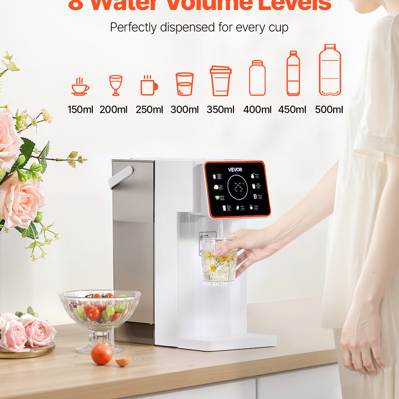 Karstā ūdens dozators, galda virsmas vārīta ūdens aparāts ar 6 temperatūras un 8 tilpuma iestatījumiem, 3 l noņemamu ūdens tvertni, ātru uzsildīšanu, skārienekrānu un bērnu drošības slēdzi, mājai