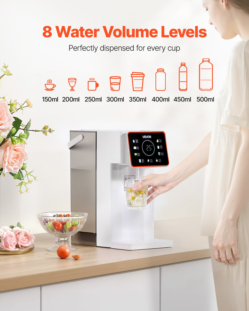 Karstā ūdens dozators, galda virsmas vārīta ūdens aparāts ar 6 temperatūras un 8 tilpuma iestatījumiem, 3 l noņemamu ūdens tvertni, ātru uzsildīšanu, skārienekrānu un bērnu drošības slēdzi, mājai