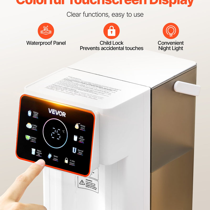 Karstā ūdens dozators, galda virsmas vārīta ūdens aparāts ar 6 temperatūras un 8 tilpuma iestatījumiem, 3 l noņemamu ūdens tvertni, ātru uzsildīšanu, skārienekrānu un bērnu drošības slēdzi, mājai