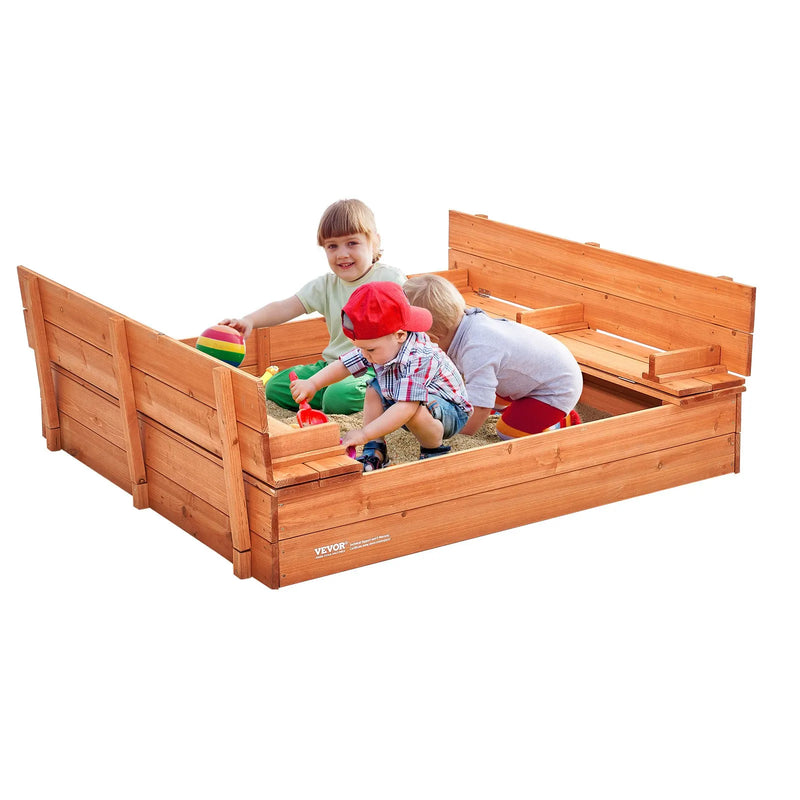 VEVOR koka smilšu kaste, 133 × 120 × 43 cm smilšu kaste ar salokāmiem soliņiem un apakšas oderi, dabīga koka bērnu smilšu kaste lietošanai pagalmā, pludmalē vai parkā, piemērota bērniem no 3 līdz 12 gadiem