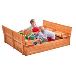 VEVOR koka smilšu kaste, 133 × 120 × 43 cm smilšu kaste ar salokāmiem soliņiem un apakšas oderi, dabīga koka bērnu smilšu kaste lietošanai pagalmā, pludmalē vai parkā, piemērota bērniem no 3 līdz 12 gadiem