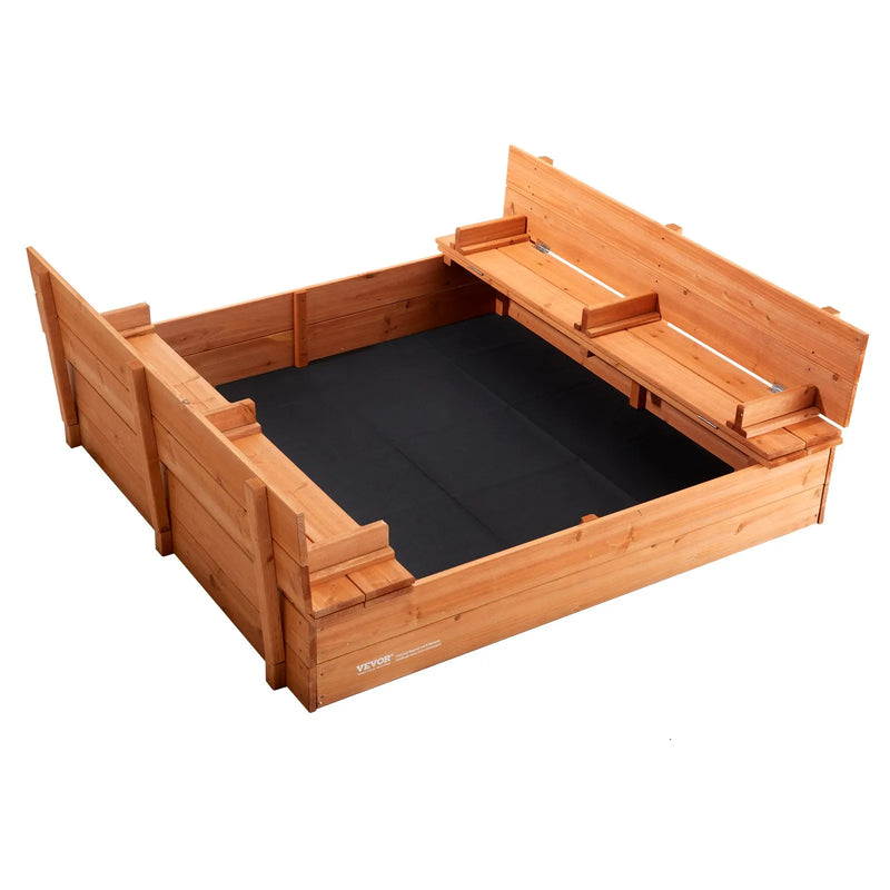VEVOR koka smilšu kaste, 133 × 120 × 43 cm smilšu kaste ar salokāmiem soliņiem un apakšas oderi, dabīga koka bērnu smilšu kaste lietošanai pagalmā, pludmalē vai parkā, piemērota bērniem no 3 līdz 12 gadiem