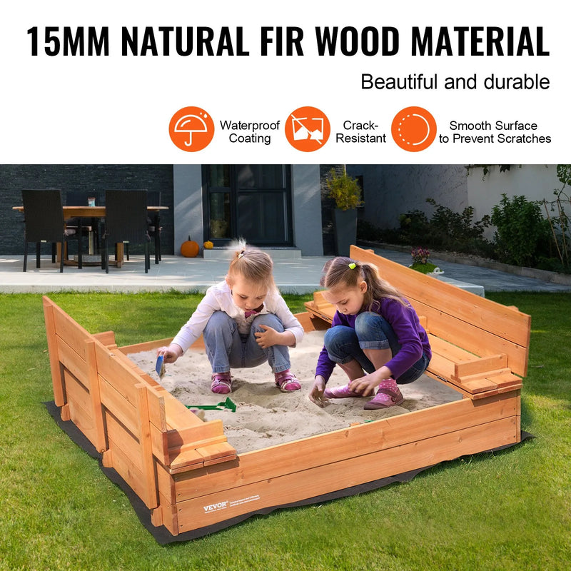 VEVOR koka smilšu kaste, 133 × 120 × 43 cm smilšu kaste ar salokāmiem soliņiem un apakšas oderi, dabīga koka bērnu smilšu kaste lietošanai pagalmā, pludmalē vai parkā, piemērota bērniem no 3 līdz 12 gadiem