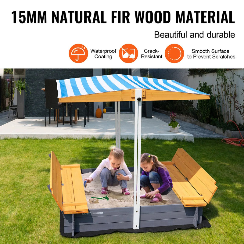 VEVOR koka smilšu kaste ar nojumi, 145,5 × 120 × 120 cm smilšu kaste ar salokāmiem soliņiem un apakšas oderi, dabīga koka bērnu smilšu kaste lietošanai pagalmā, pludmalē vai parkā, piemērota bērniem no 3 līdz 12 gadiem