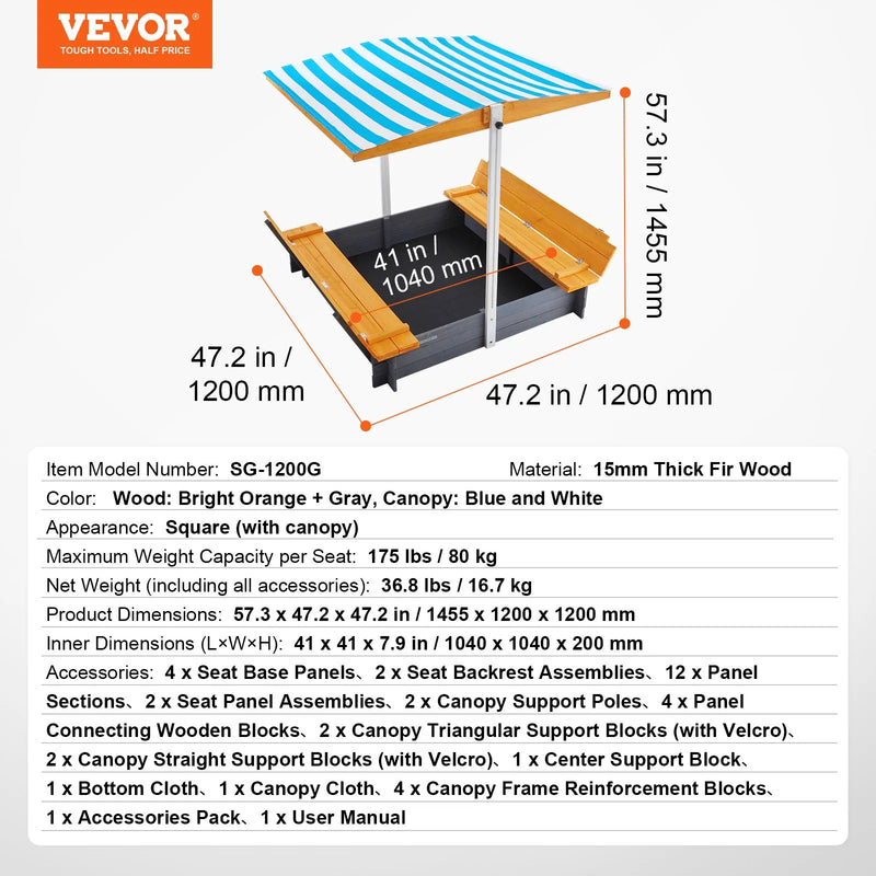 VEVOR koka smilšu kaste ar nojumi, 145,5 × 120 × 120 cm smilšu kaste ar salokāmiem soliņiem un apakšas oderi, dabīga koka bērnu smilšu kaste lietošanai pagalmā, pludmalē vai parkā, piemērota bērniem no 3 līdz 12 gadiem